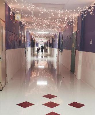 NPE hallway decorated for Polar Express